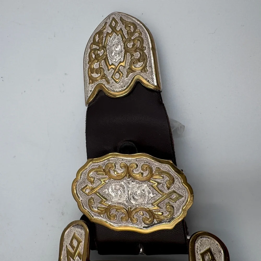 Crumrine Western Barrel Racer Belt Buckle Set Silver Gold Plate‎ Filigree USA